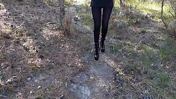 high heels walking in forest woods
