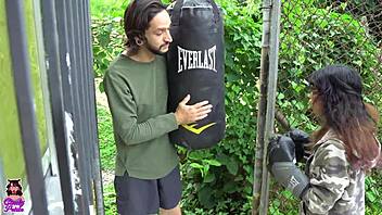 teen practices boxing, hits neighbor, sucks his big cock, gets fucked