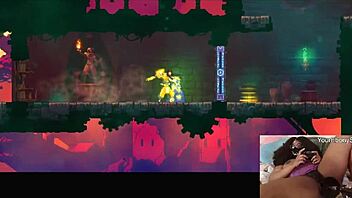 chubby ebony gamer girl masturbates with dildo while playing dead cells, getting horny