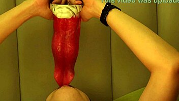 Giant wolf interacts roughly with male college student in fantasy scenario