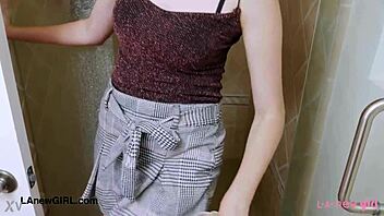 Sweet petite brunette teen takes shower after massage