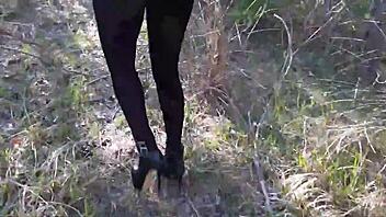 high heels walking in forest woods