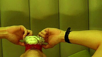 Giant wolf interacts roughly with male college student in fantasy scenario