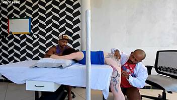 Doctor fucks patient next to husband, clothes ripped for first time interracial cum in mouth