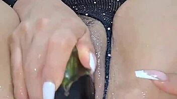 Colombian latina uses eggplant to pleasure her pussy in solo masturbation.