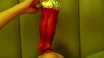 Giant wolf interacts roughly with male college student in fantasy scenario