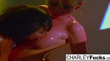 Big-titted brunette babes Madison Scott and Charley enjoy nude lesbian fun