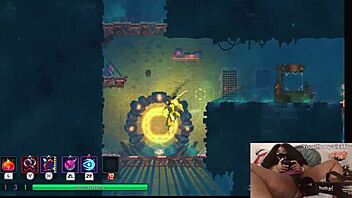 chubby ebony gamer girl masturbates with dildo while playing dead cells, getting horny