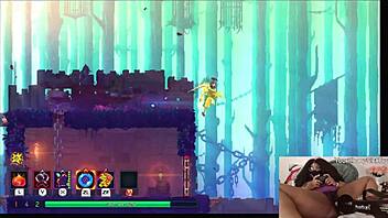 chubby ebony gamer girl masturbates with dildo while playing dead cells, getting horny