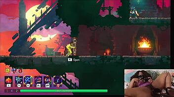 chubby ebony gamer girl masturbates with dildo while playing dead cells, getting horny