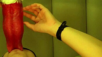 Giant wolf interacts roughly with male college student in fantasy scenario