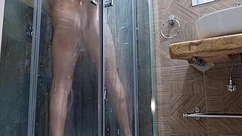 horny guy jerks off in shower moaning