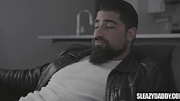 Sleazy step-dad gropes stepson while giving blowjob in taboo old and young scene!