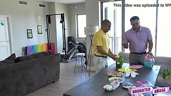 In the garage, Bobby and Marcus bend over their tattooed redhead daughters for a group punishment with cocks and blowjobs