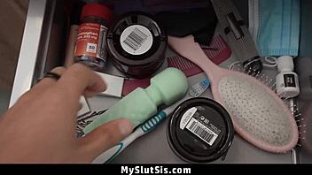 Step brother confronts stepsis over dildo in bathroom taboo