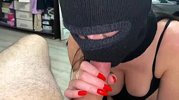 Stepmom with big tits sucks my dick in a mask, cum on her tongue.