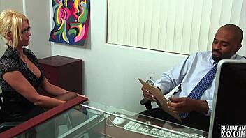 Blonde milf in roleplay begs for the job with big tits and blowjob.