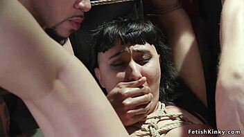 Pawg babe submits to double penetration in bondage with monster cocks.