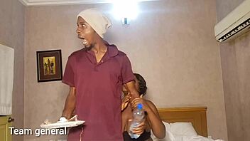 Room service boy fucks a curvy customer in the bedroom.