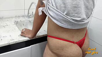 Housewife washes dishes then takes dick.