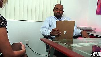 Blonde milf in roleplay begs for the job with big tits and blowjob.