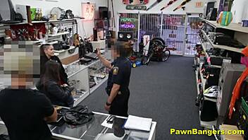 In this hidden cam reality, the brunette slut gets caught stealing and ends up sucking and fucking the shop owner at the desk.