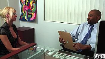 Blonde milf in roleplay begs for the job with big tits and blowjob.