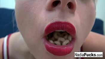 hot nadia enjoys cereal mixed with tiny soldier figures in a playful solo moment