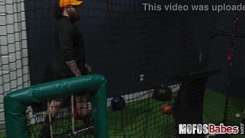 Busty Brunette Slut Riding and Sucking Dick After Batting Cages Practice