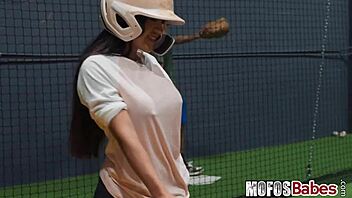 Busty Brunette Slut Riding and Sucking Dick After Batting Cages Practice