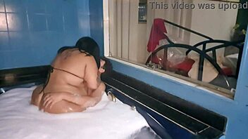 The guy devoured the chubby girl with a big butt in the hot tub.