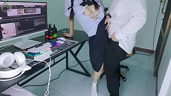 Thai student girl gets fucked by senior in front of computer moaning loud clear voice 4k oh yeah