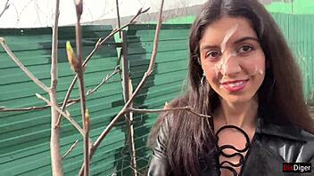 Teen girl gets facial cumshot and walks through park in boots shocking passersby with sperm-covered face