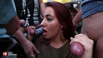 hey, check out this outdoor public blowbang with deepthroat swallowing and massive cumshots on a cute teen