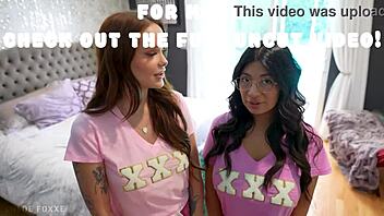 hey these sorority sluts cami strella chloe foxxe and lev lieben get wild in a threesome to save their group 😈🍑