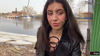 Teen girl gets facial cumshot and walks through park in boots shocking passersby with sperm-covered face