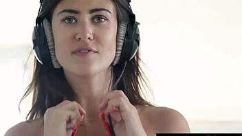 passionate naked brunette teen strips and masturbates with big tits shaking to music!