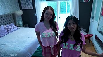 hey these sorority sluts cami strella chloe foxxe and lev lieben get wild in a threesome to save their group 😈🍑