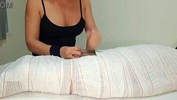in part3 the mummified handjob session gets interrupted right before the cum release for two minutes