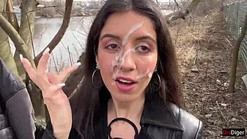 Teen girl gets facial cumshot and walks through park in boots shocking passersby with sperm-covered face
