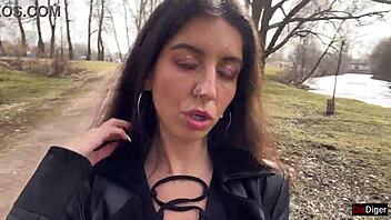Teen girl gets facial cumshot and walks through park in boots shocking passersby with sperm-covered face