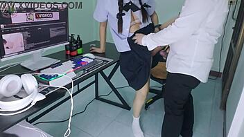 Thai student girl gets fucked by senior in front of computer moaning loud clear voice 4k oh yeah