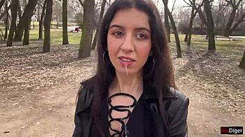 Teen girl gets facial cumshot and walks through park in boots shocking passersby with sperm-covered face