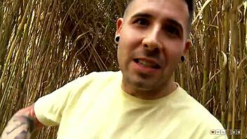 amateur hussy got her face covered in cum after that outdoor quickie pounding.