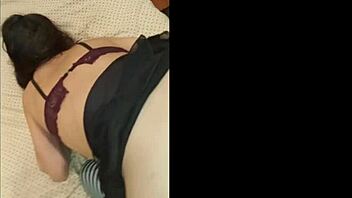 brunette slut gets anal fucked by a guy in feminine clothes while moaning loudly until he cums inside her huge ass