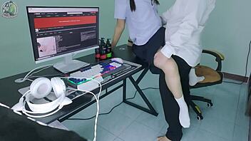 Thai student girl gets fucked by senior in front of computer moaning loud clear voice 4k oh yeah