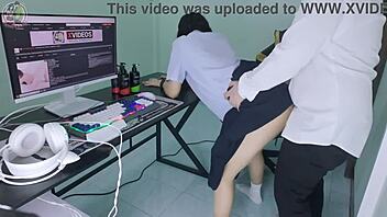 Thai student girl gets fucked by senior in front of computer moaning loud clear voice 4k oh yeah