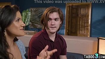 Careful MILF stepmom Penny Barber teaches her stepson and teen GF.