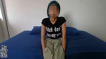 Gorgeous skinny Maria with blue hair craves her first facial cumshot explosion!