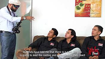 Three horny young men desire to pass porn casting with a submissive redhead nympho